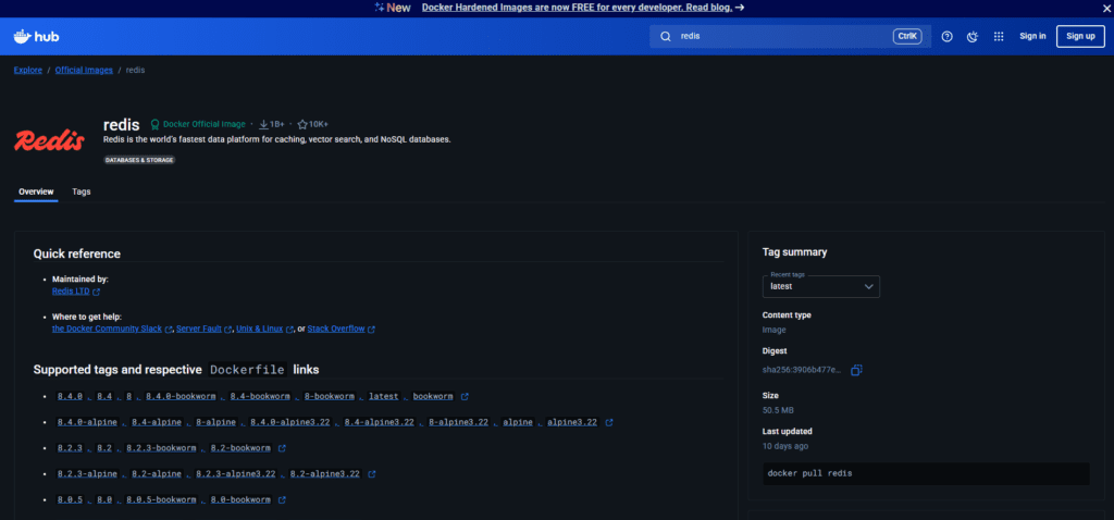 Docker Hub에서 Redis 공식 이미지의 최신 버전과 태그 목록을 확인하는 화면