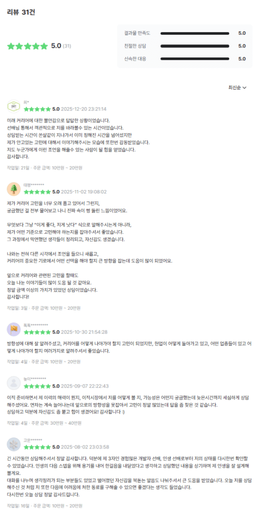 개발자 커리어 상담 실제 후기 이미지(크몽 리뷰 캡처, 참고용)
