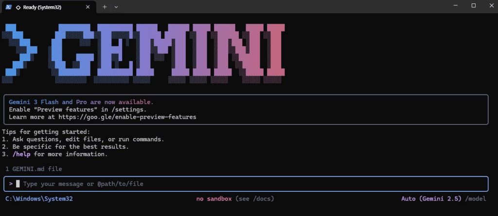 Windows에서 Gemini CLI 최초 실행 시  화면