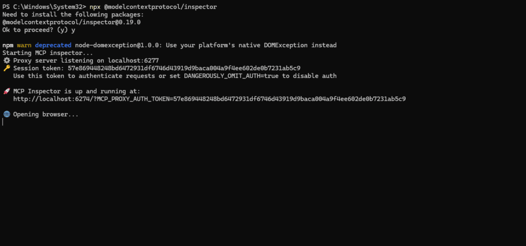 PowerShell에서 npx @modelcontextprotocol/inspector 명령어를 실행한 화면.
MCP Inspector가 로컬 포트에서 UI와 Proxy를 함께 기동했음을 로그로 확인할 수 있다.